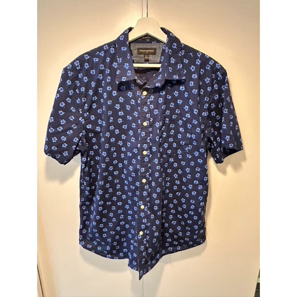 Banana Republic Men's Slim Fit Floral Short Sleeve Shirt Blue Hibiscus Print XL